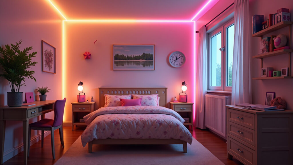Teenage girl's room, LED strip lights, modern decor, cozy atmosphere, Brazilian style, natural Quarto de adolescente com luzes de LED criando um ambiente moderno.