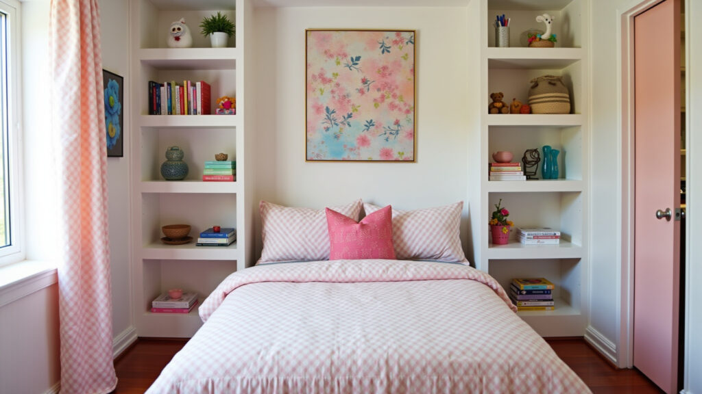 Teenage girl's room, shelves and niches, organized decor, Brazilian crafts, natural light, 8K, Quarto de adolescente com prateleiras e nichos organizados.