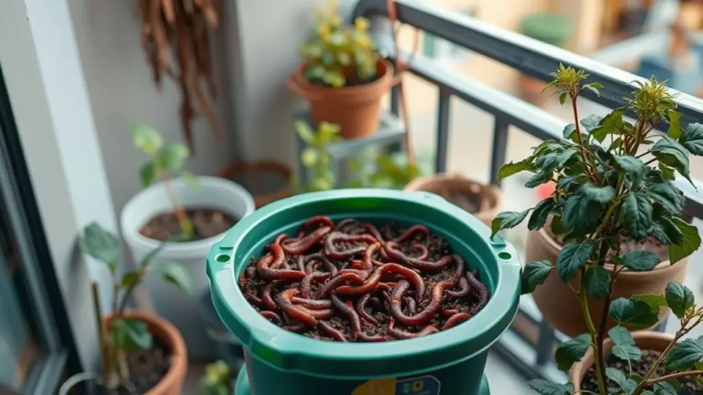 Sistema de vermicompostagem em varanda de apartamento, com minhocas vermelhas.