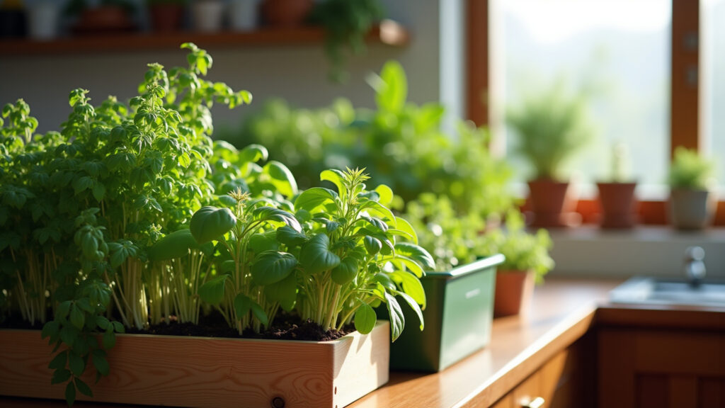Vertical herb garden in a sunny Brazilian kitchen, natural light, various herbs, lifestyle Jardim vertical de temperos frescos em cozinha ensolarada.