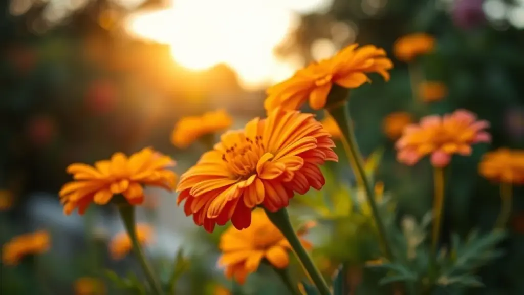 Flores de calêndula vibrantes em um jardim ensolarado.