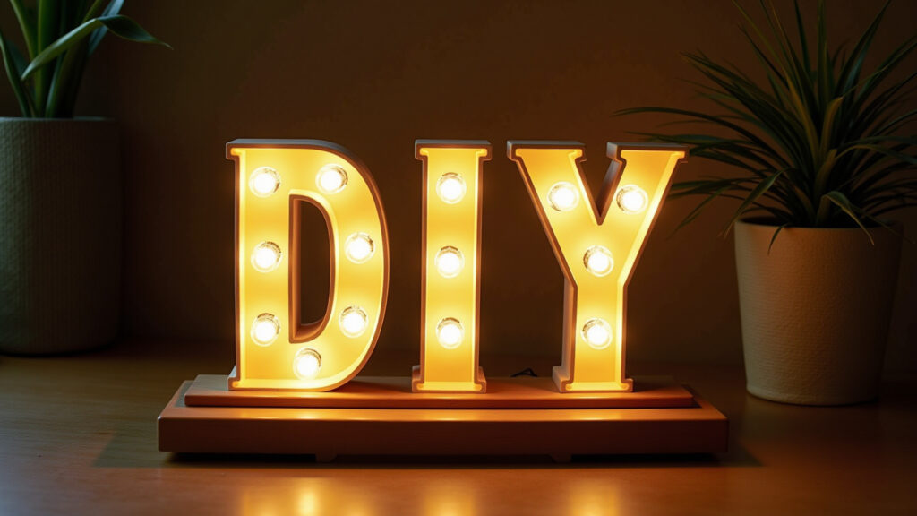 Vintage luminous sign DIY, filament bulbs, wooden base, warm light, Brazilian decor, professional Letreiro luminoso DIY vintage com lâmpadas de filamento e base de madeira.