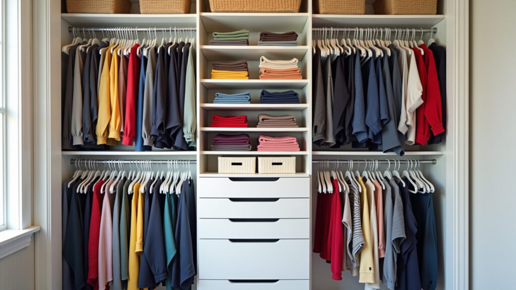 Walk-in closet overflowing with clothes, organized by color, thin hangers, drawer organizers, Maleiro grande organizado por cores e categorias.