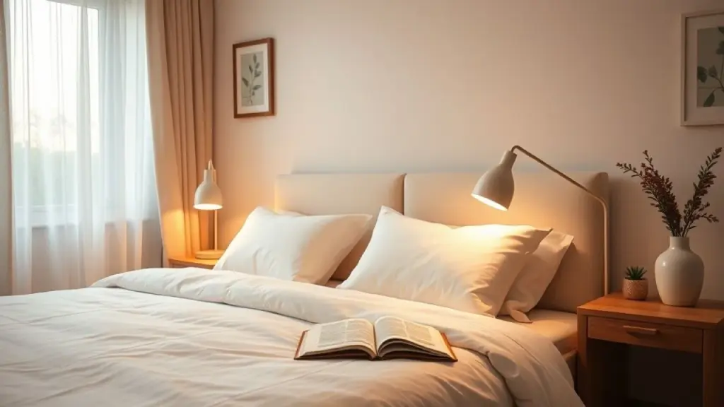 Quarto aconchegante com iluminação suave e decoração minimalista em tons pastel.