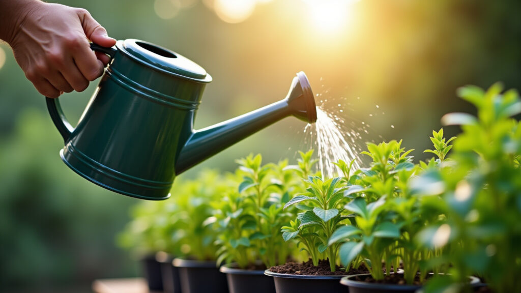 Watering a vertical herb garden with a watering can, natural light, 8K, sharp focus, Brazilian Regando o jardim vertical de temperos.