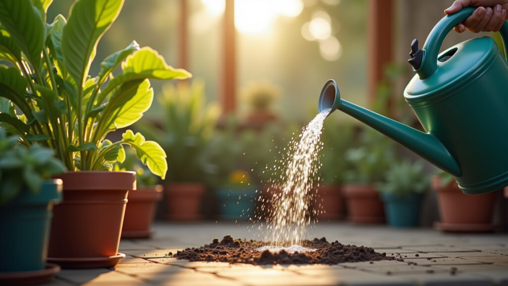 Regando a planta diretamente no solo, evitando molhar as folhas.