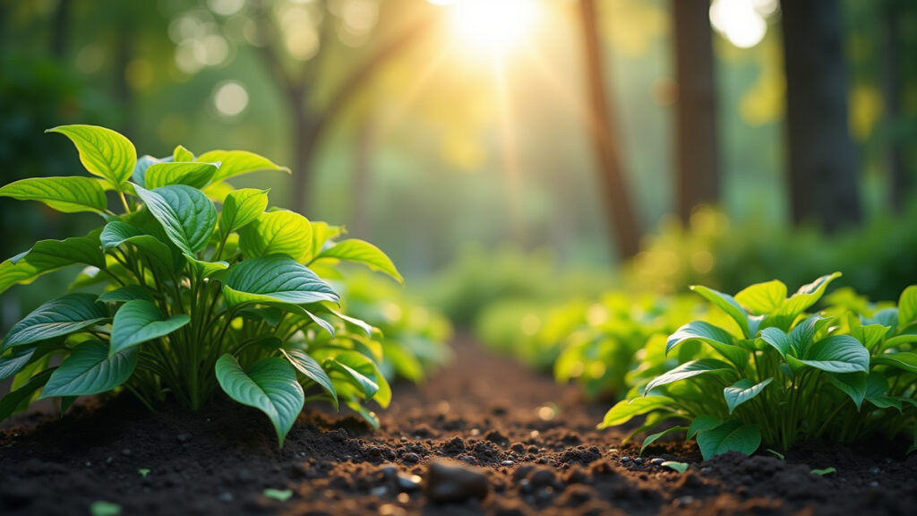 Jardim bem ventilado com plantas saudáveis.