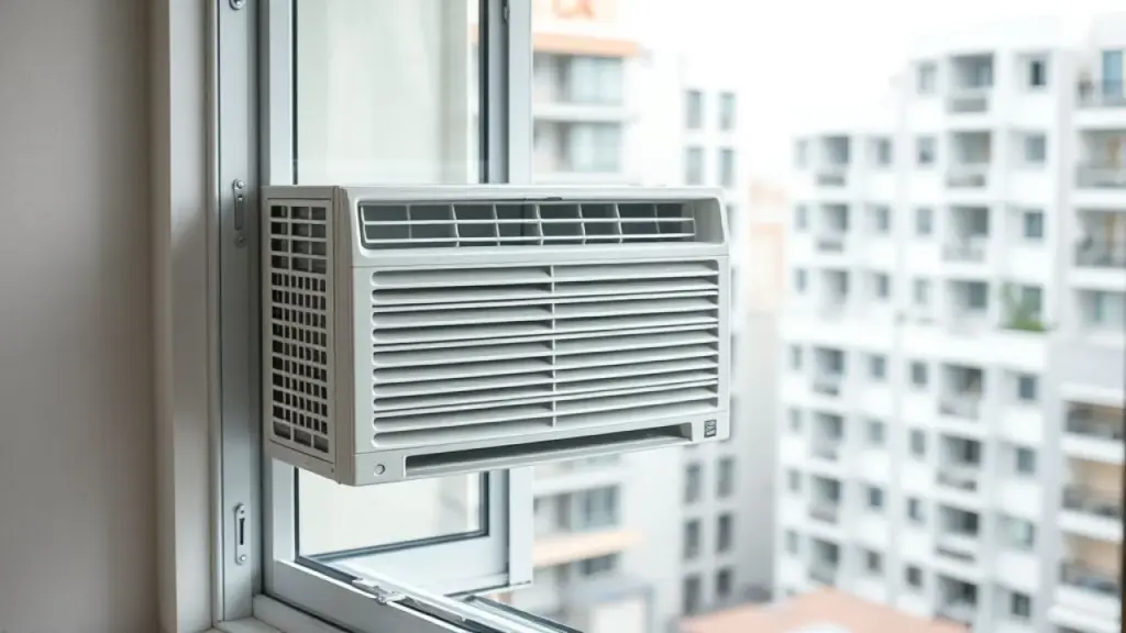 Ar condicionado de janela instalado em apartamento brasileiro.