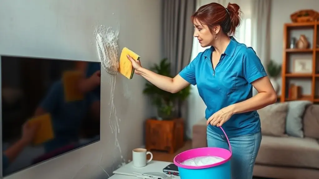 Woman cleaning a Brazilian living room wall with a sponge and bucket of soapy water, soft lighting, Woman cleaning a Brazilian living room wall with soapy water.