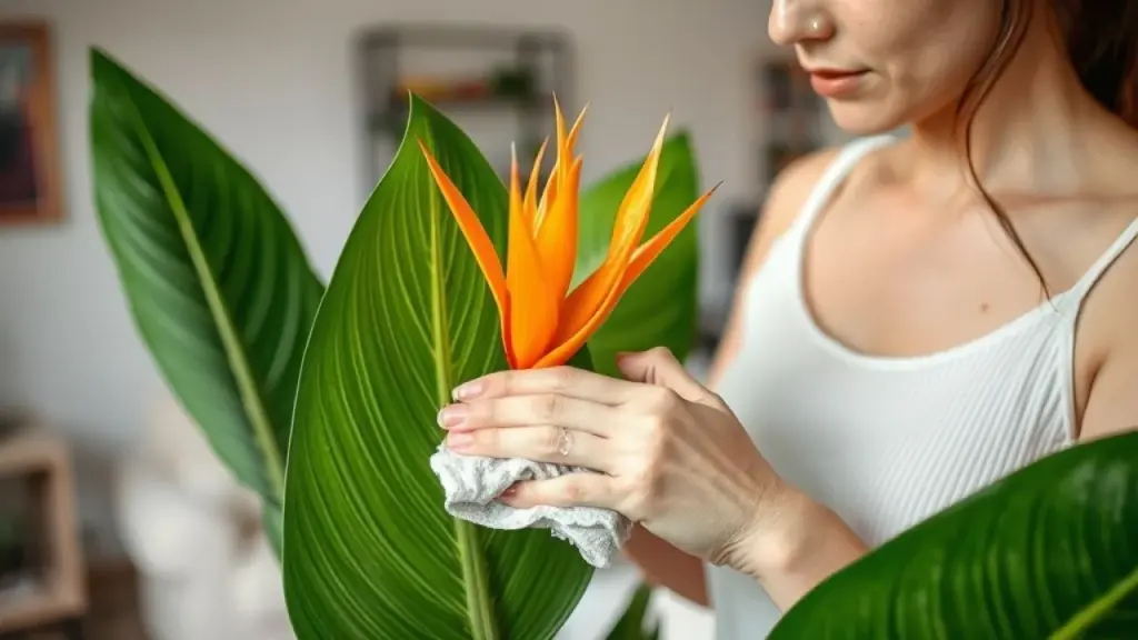 Limpeza das folhas da Estrelítzia com pano úmido para melhor fotossíntese.