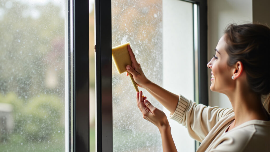 Woman cleaning stained window track with baking soda and hydrogen peroxide paste, brush, close-up, Clareando trilho de janela encardido com bicarbonato e água oxigenada.
