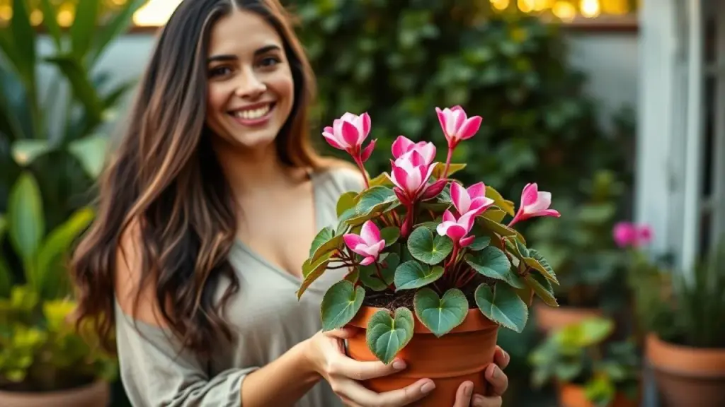 Mulher sorrindo com ciclâmen florido em vaso, quintal verde.
