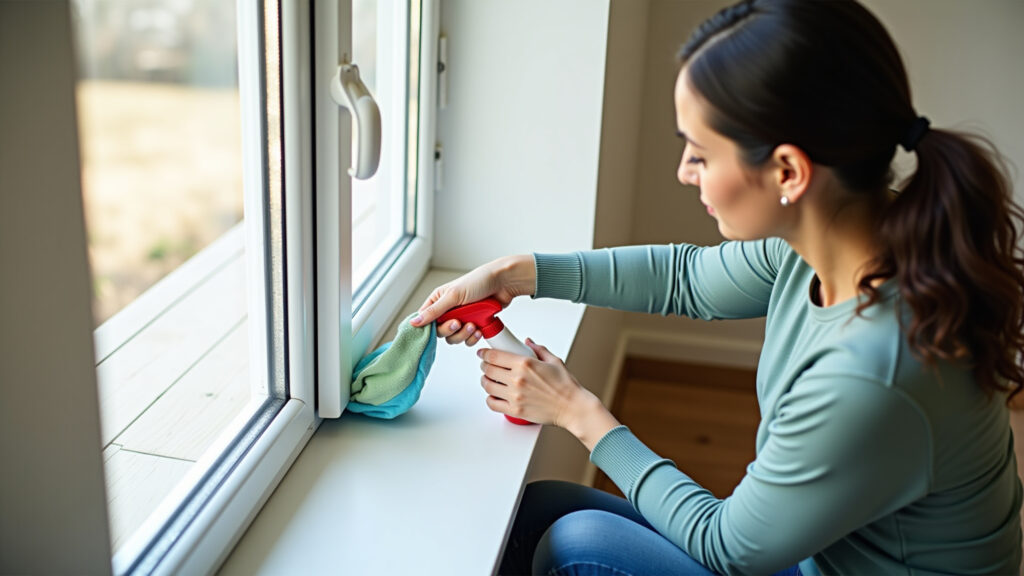 Woman protecting area below window while cleaning track, cloth, spray bottle, avoiding mess, Protegendo área ao redor da janela durante a limpeza.