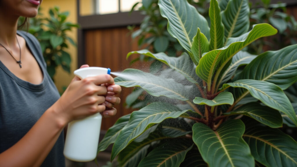 Mulher aplicando solução de bicarbonato em planta com ferrugem.