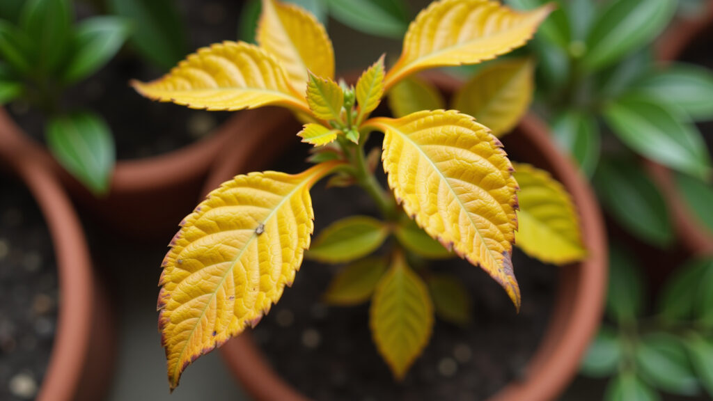 Roseira com folhas amareladas devido à ferrugem.