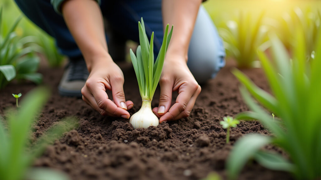 April garden, planting garlic, hands in soil, professional photography, 8K quality, sharp focus, Plantando alho em abril.