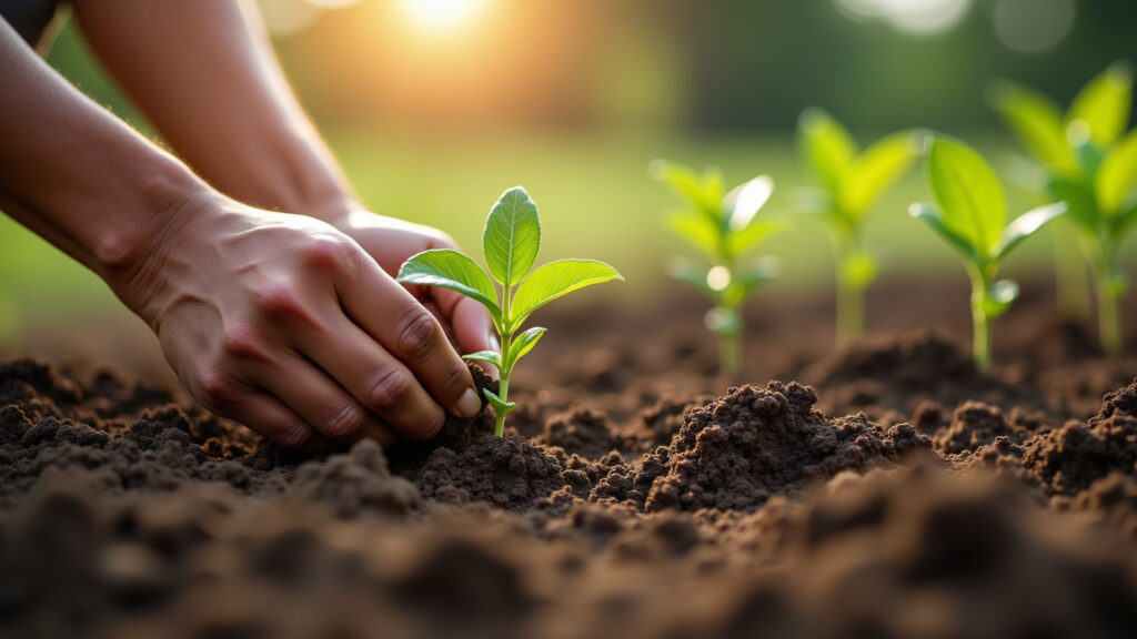 Close-up of hands planting seeds in fertile soil, sunlight, professional photography, 8K quality, Mãos plantando sementes na terra.