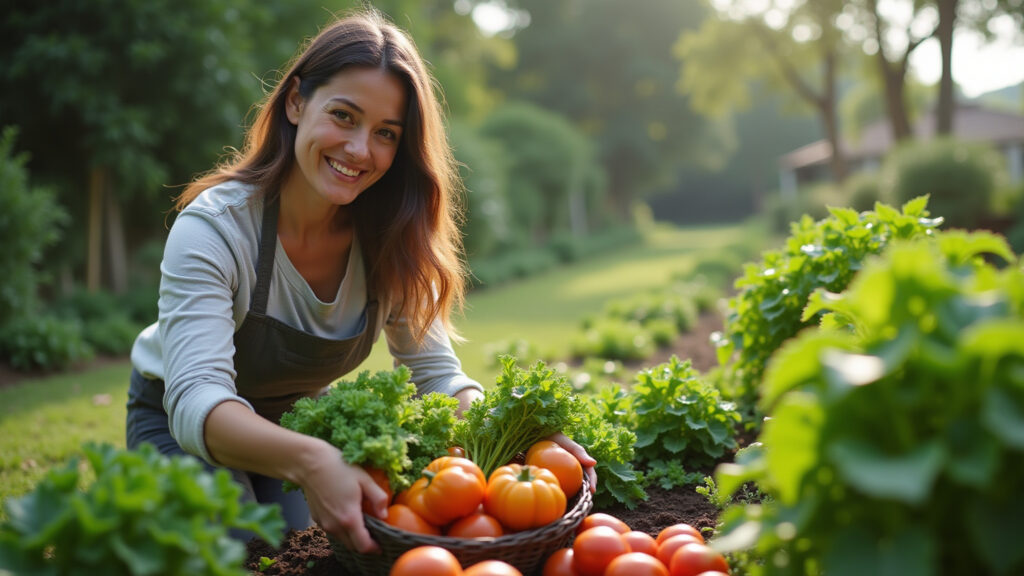 January vegetable garden, abundant harvest, woman smiling, professional photography, 8K quality, Colheita de janeiro em horta brasileira.