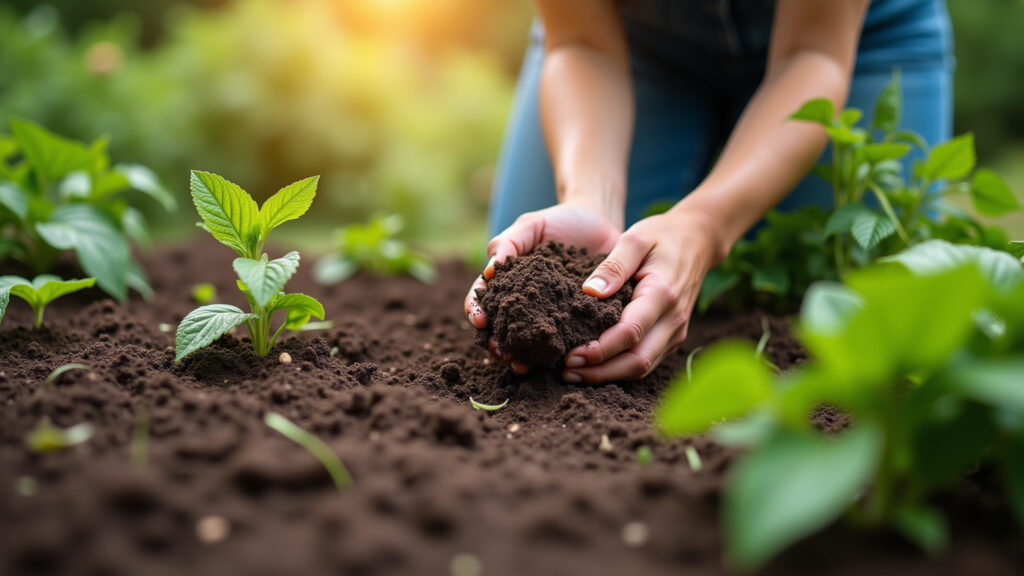 July garden, adding organic fertilizer, hands in soil, professional photography, 8K quality, sharp Adubando a horta em julho.