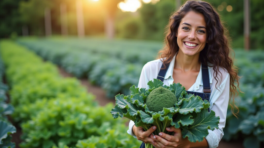 June garden, harvesting kale, woman smiling, professional photography, 8K quality, sharp focus, Colhendo couve no inverno em junho.