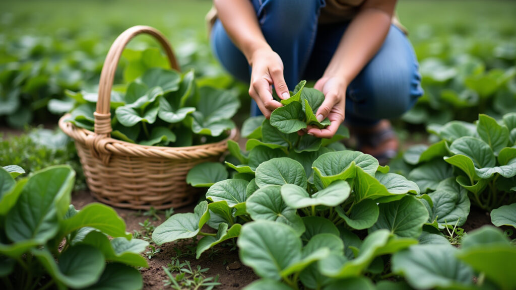 March garden, harvesting spinach, woman with basket, professional photography, 8K quality, sharp Colhendo espinafre em março.