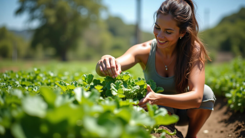 Vibrant vegetable garden, woman tending to plants, sunny day, professional photography, 8K quality, Mulher cuidando da horta ensolarada.