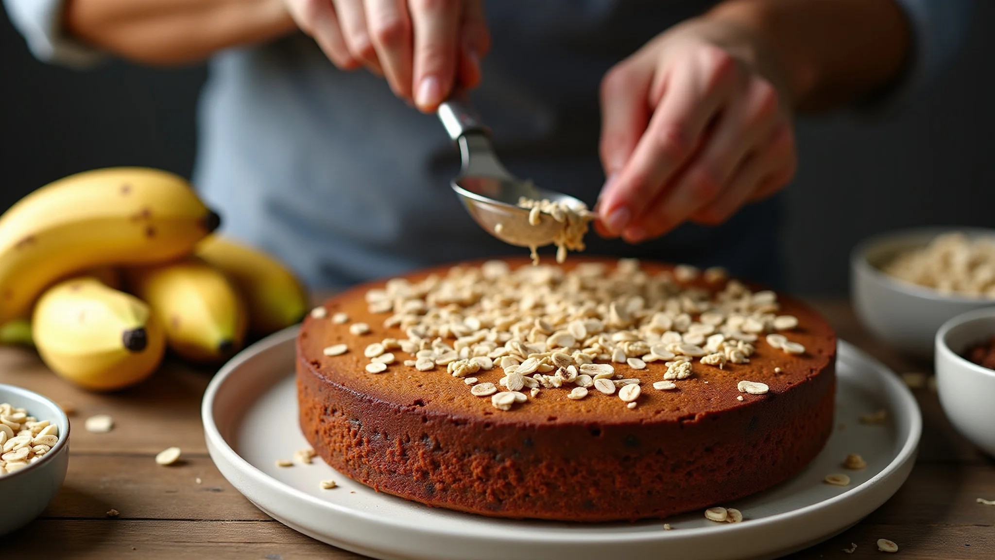 Pessoa preparando o bolo de banana com aveia, receita caseira brasileira.