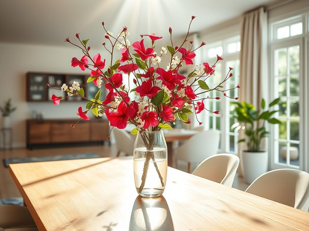 Arranjo de mesa com ramos de Hibisco Roxo Cranberry e flores brancas em um vaso transparente, em uma sala de jantar iluminada.