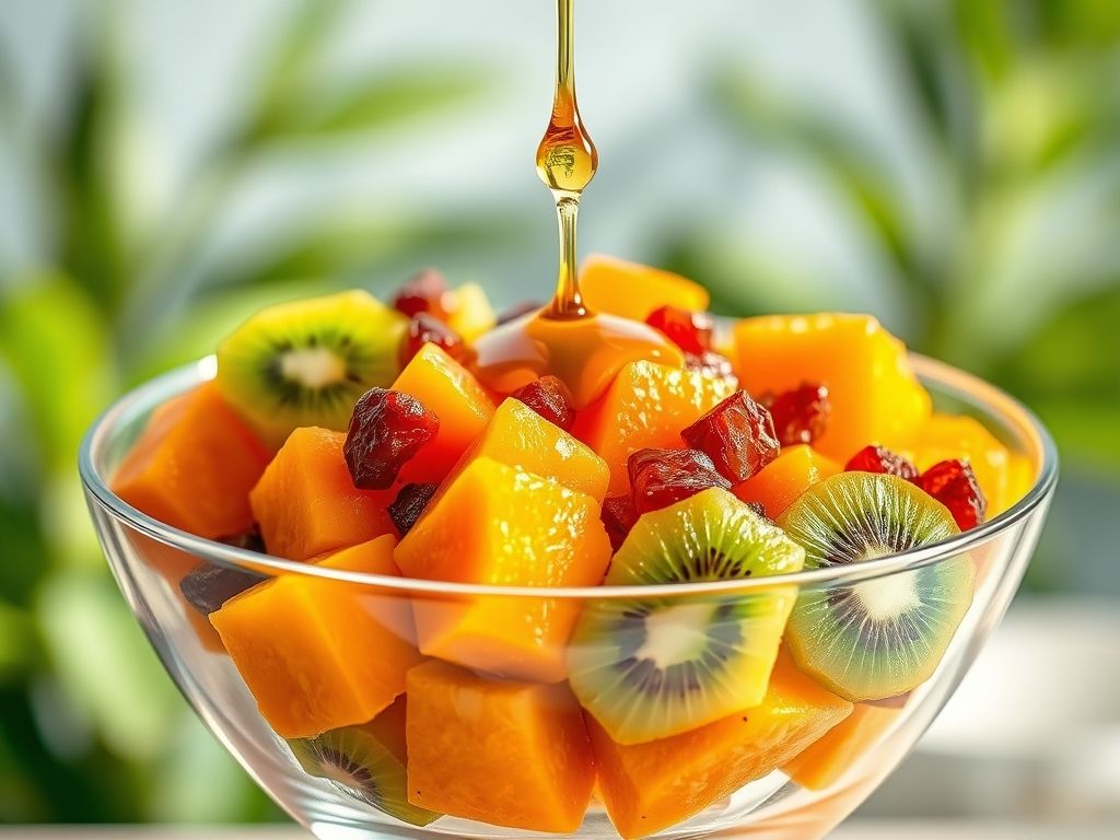 Salada de frutas com mamão, kiwi e ameixa.