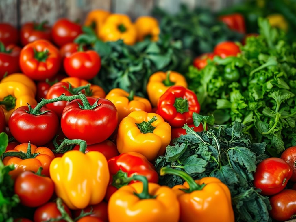 Uma seleção colorida de legumes frutos como tomates, pimentões, pepinos, berinjelas e abóboras.