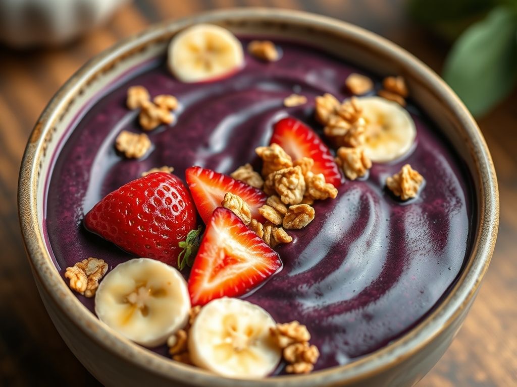 Um close-up de uma tigela de açaí com morangos, bananas e granola.