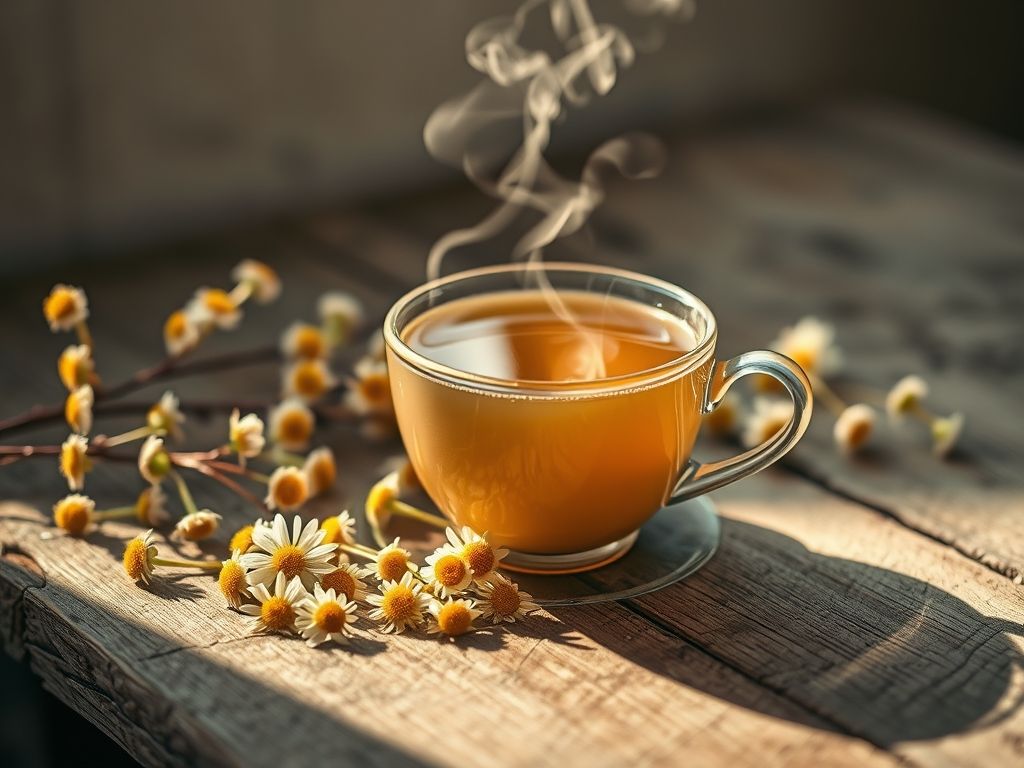 Uma xícara fumegante de chá de camomila com flores de camomila ao redor.