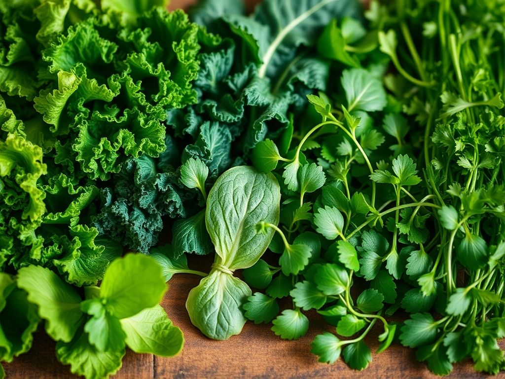 Close-up de uma variedade de vegetais folhosos verdes frescos em uma mesa de madeira.