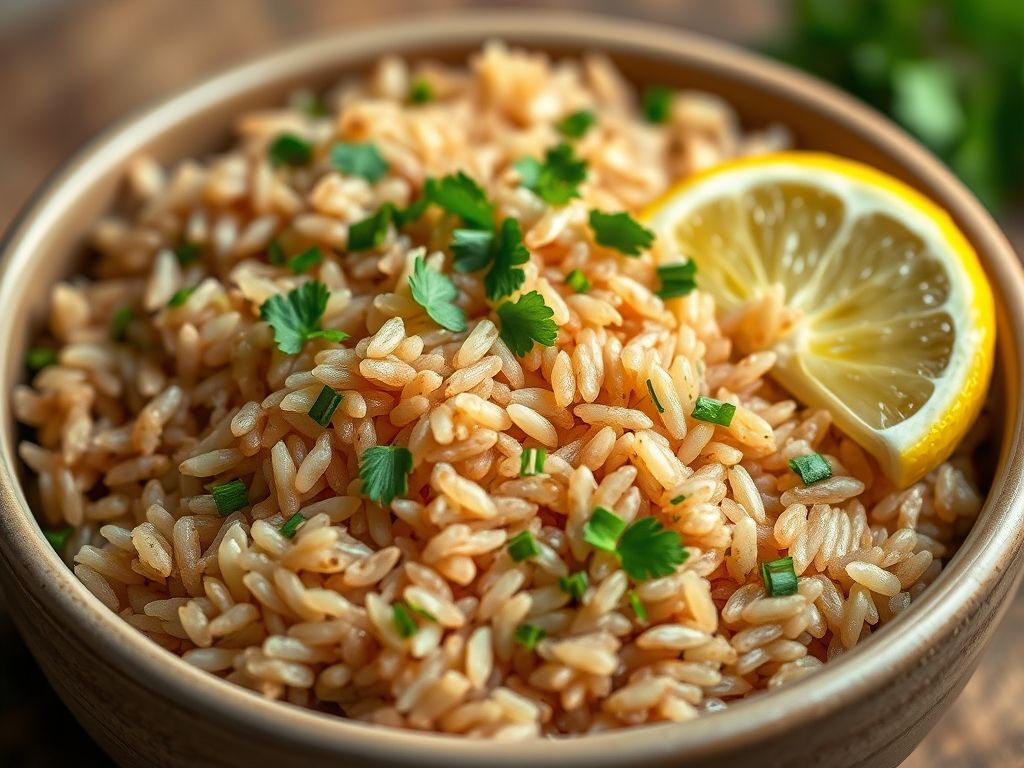 Arroz integral cozido em um prato, com salsa picada e uma fatia de limão.