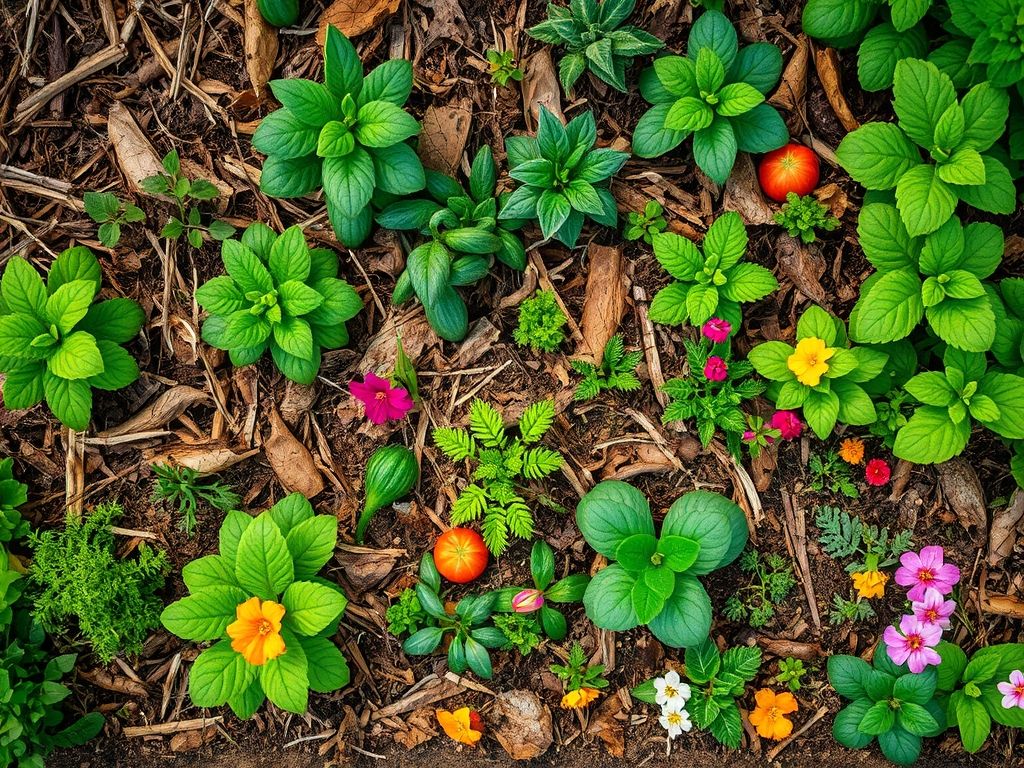 Visão de cima de um canteiro de horta com diversas plantas crescendo sob uma camada de cobertura morta.
