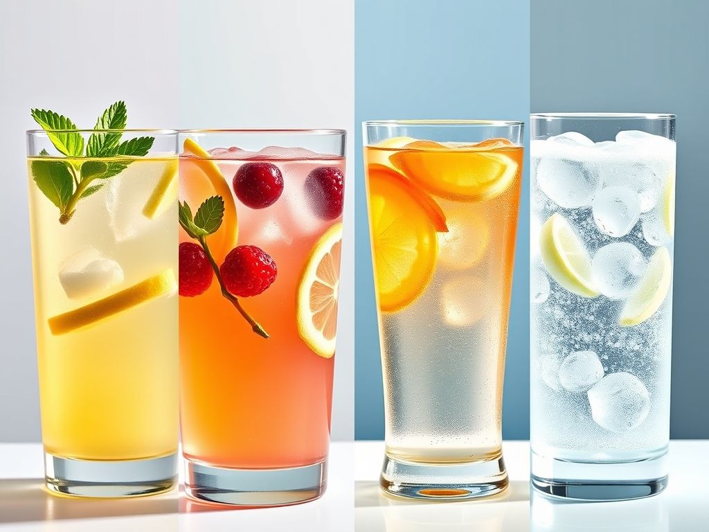 Colagem de quatro variações de limonada suíça: clássica com hortelã, rosa com frutas vermelhas, picante com gengibre e borbulhante com água com gás.