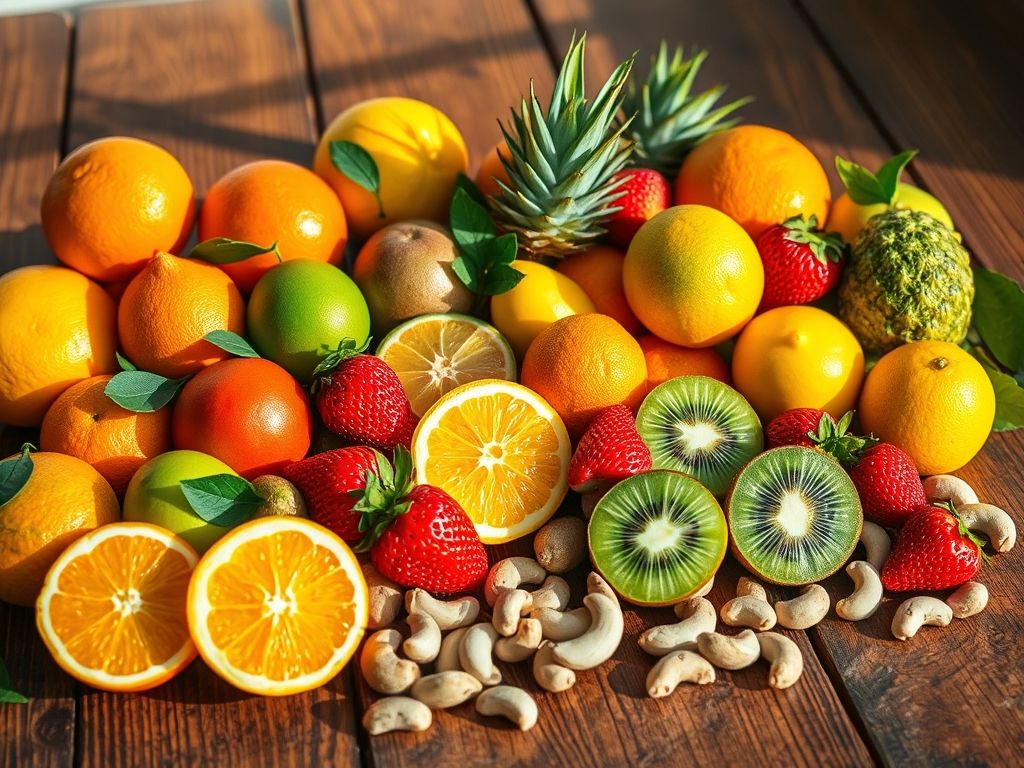 Arranjo colorido de frutas que fortalecem a imunidade, como laranjas, limões, kiwis, morangos e cajus.