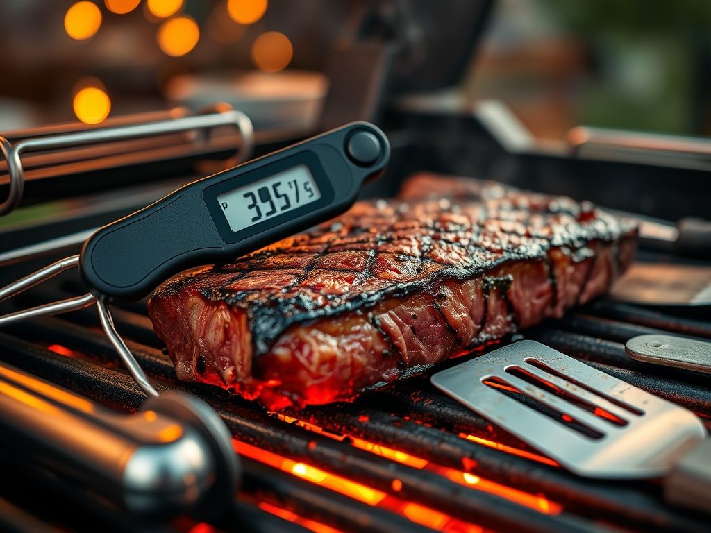 Um termômetro de carne digital inserido em um bife na grelha, mostrando a temperatura.
