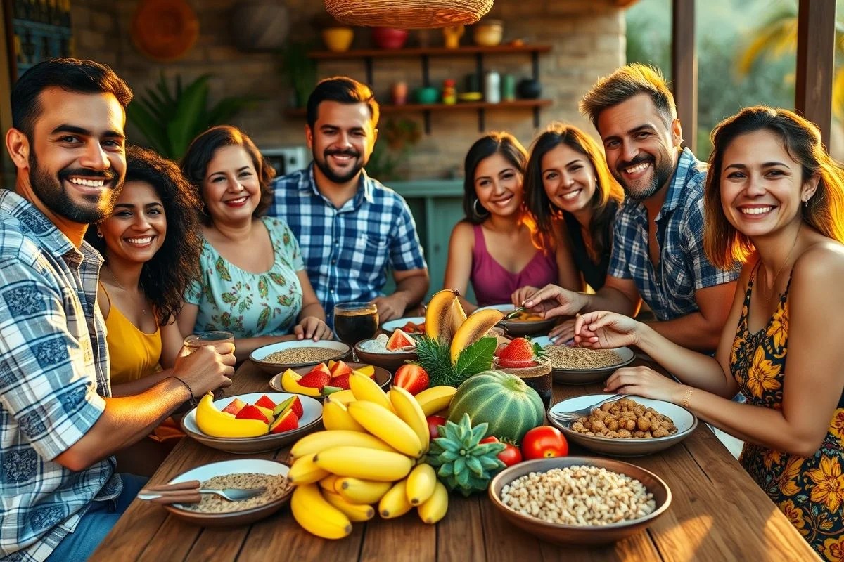 Família brasileira tomando café da manhã saudável com bananas.
