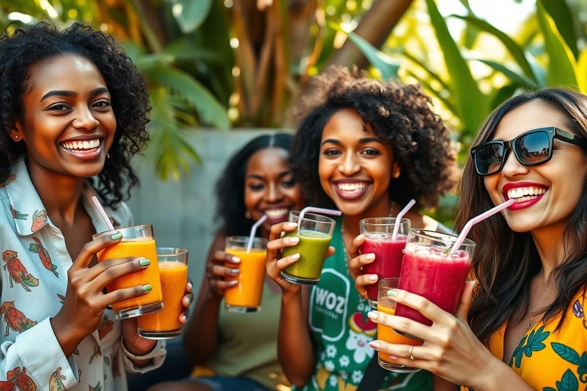 Mulheres brasileiras diversas bebendo smoothie de maracujá.