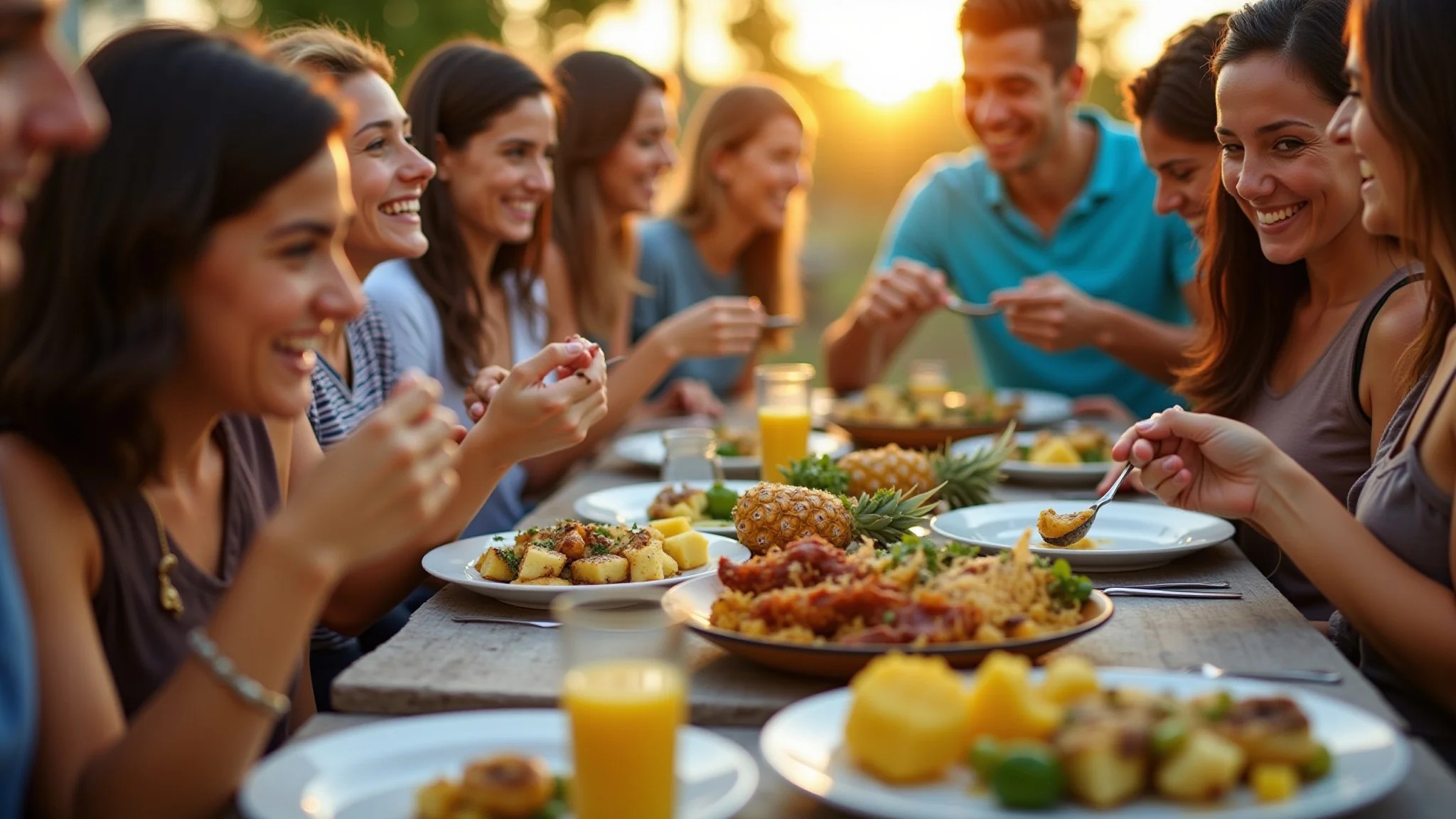 Família brasileira desfrutando de uma refeição com miolo de abacaxi.