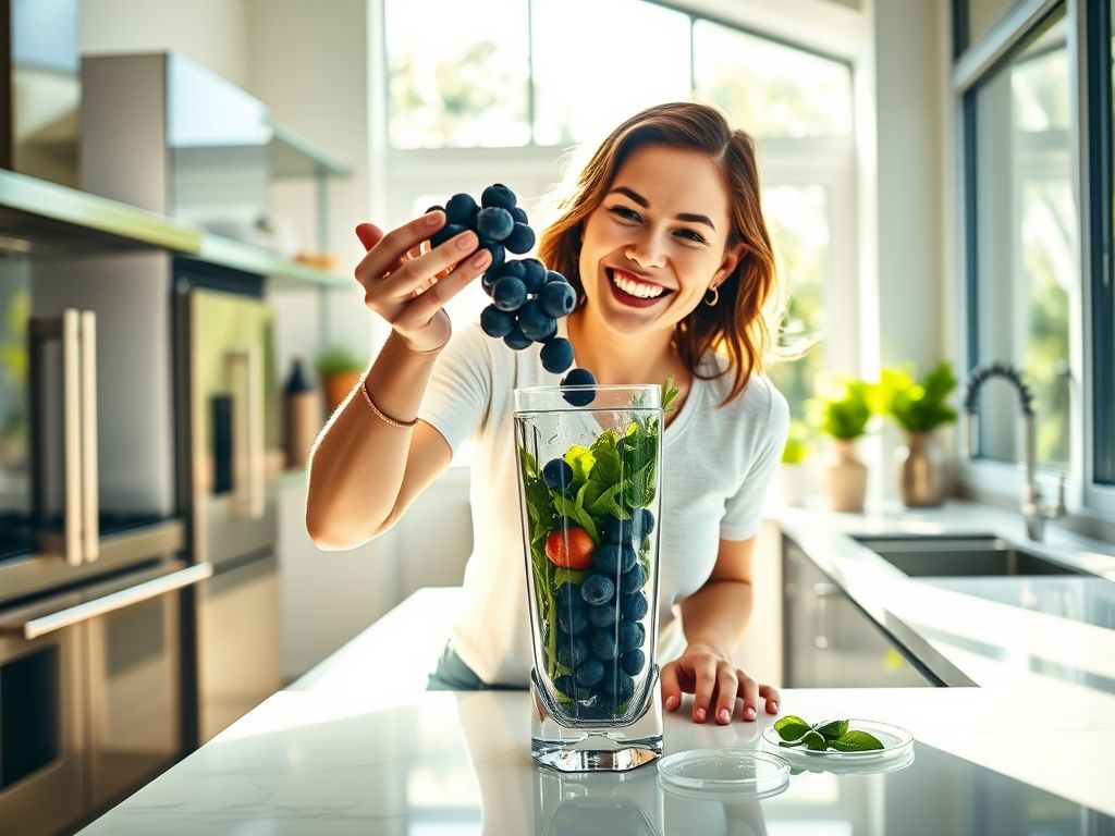 Uma mulher sorrindo, preparando um smoothie com mirtilos e vegetais verdes em uma cozinha moderna.
