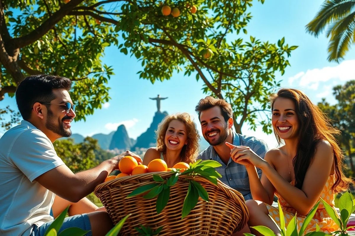 Família em piquenique no Rio com laranjas, Cristo Redentor ao fundo. Alegria e prosperidade.