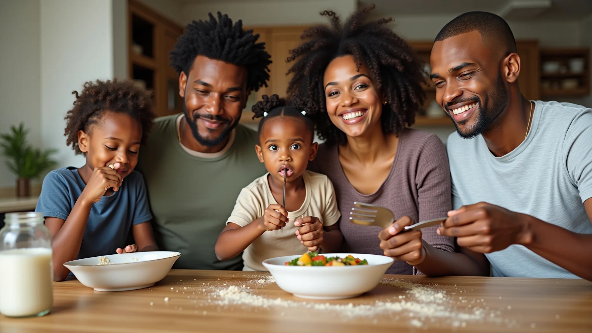 Família brasileira diversa desfrutando de uma refeição saudável com farinha de amêndoas.