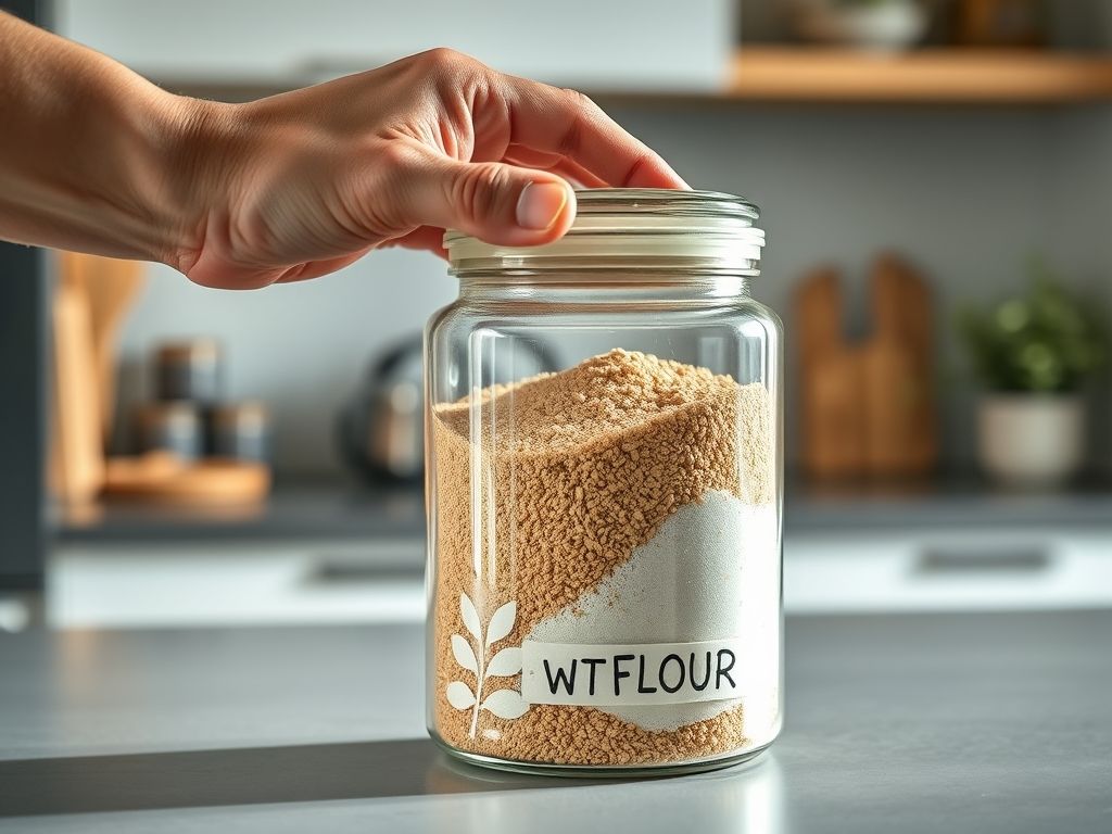 Mão fechando um pote hermético cheio de farinha de trigo, demonstrando o armazenamento adequado.