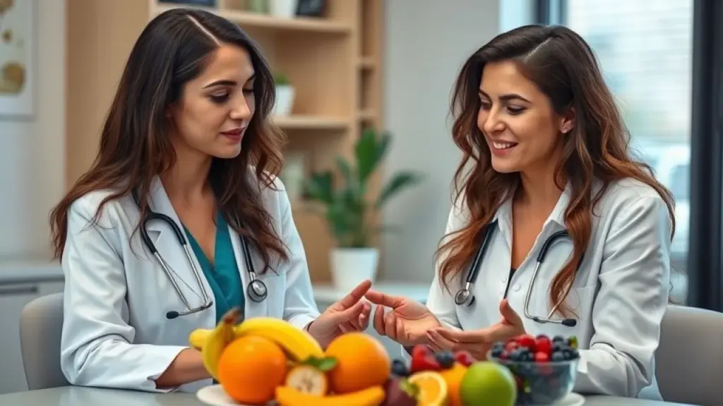 A nutritionist consulting a Brazilian woman about portion sizes of fruits. Lifestyle photography, Nutricionista brasileira orientando paciente sobre porções de frutas recomendadas.