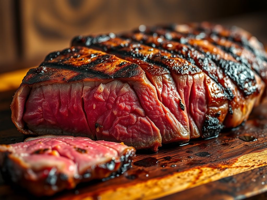 Picanha perfeitamente grelhada, com crosta dourada e interior suculento ao ponto para mal passado.