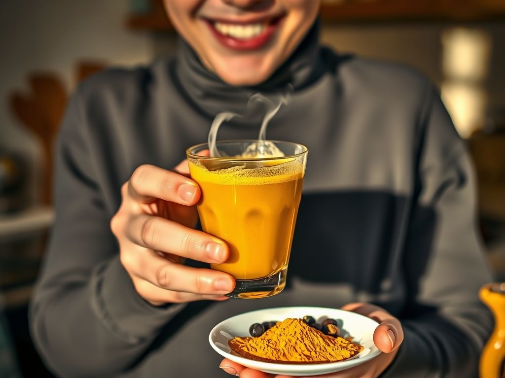 Uma pessoa segurando um copo de latte de cúrcuma dourado com espuma e vapor visíveis, com um pequeno prato de pó de cúrcuma e grãos de pimenta preta ao lado.
