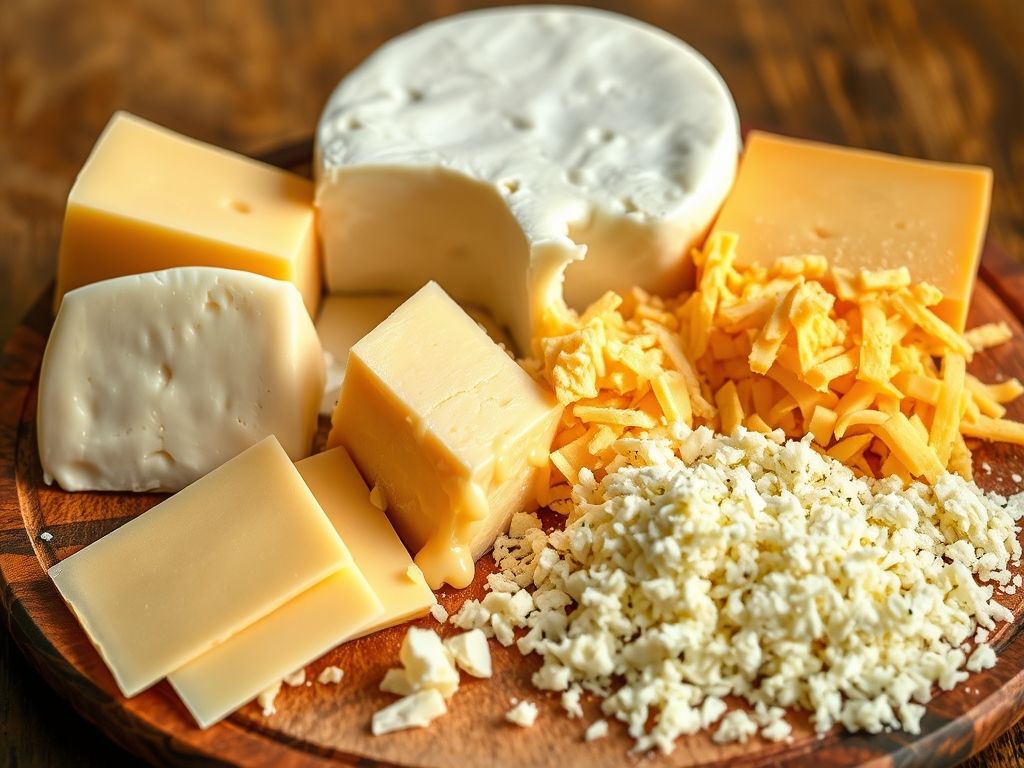 Foto mostrando diferentes tipos de queijos conhecidos por derreter bem: mussarela, provolone e cheddar.