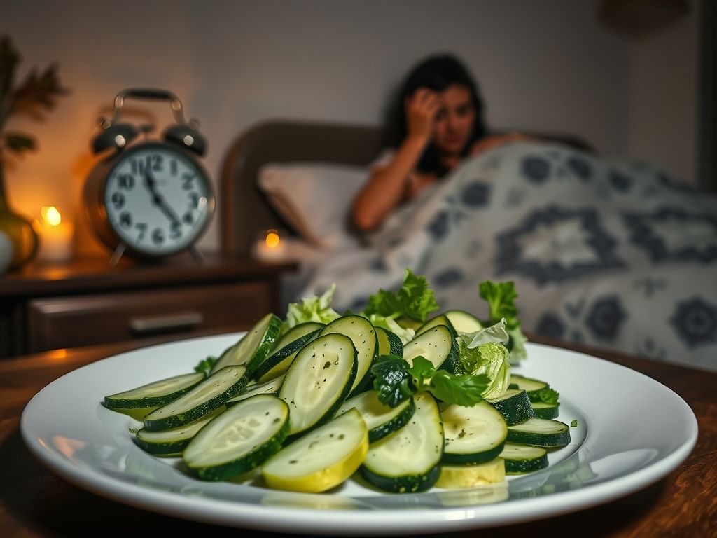 Prato com um jantar leve consistindo em pepino fatiado, abobrinha e alface, temperado com ervas.